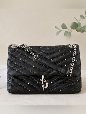 Rebecca Minkoff Black Quilted Leather Shoulder Bag silver studded bag